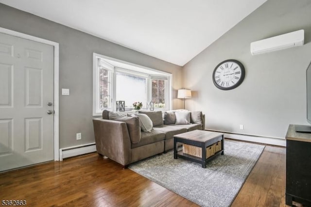 22 Corwin St, Randolph Twp, NJ 07869 - living room with a baseboard radiator, a wall mounted AC, wood finished floors, lofted ceiling, and a baseboard heating unit