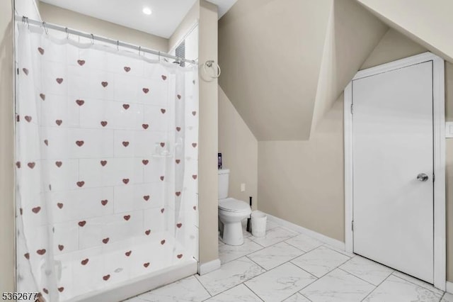 146 Williamson Ave, Hillside Twp, NJ 07205 - bathroom with marble finish flooring, toilet, a shower with curtain, baseboards, and recessed lighting