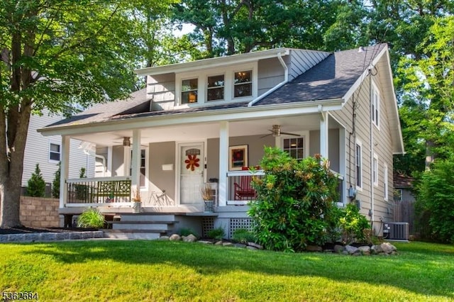 44 Lincoln Ave, Livingston Twp, NJ 07039 - bungalow featuring ceiling fan, a front yard, a porch, central AC unit, and a shingled roof