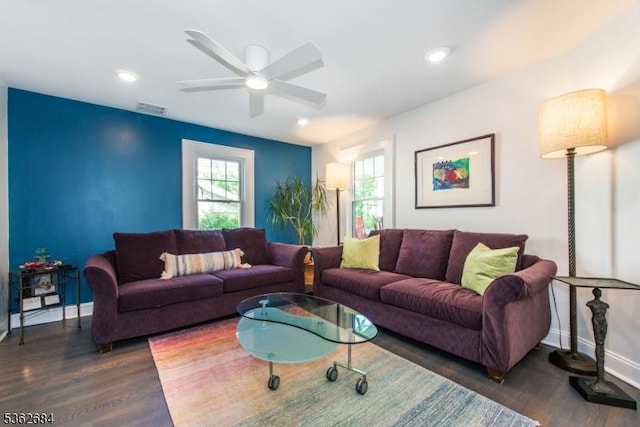 44 Lincoln Ave, Livingston Twp, NJ 07039 - living room with dark wood-style flooring, ceiling fan, baseboards, and recessed lighting