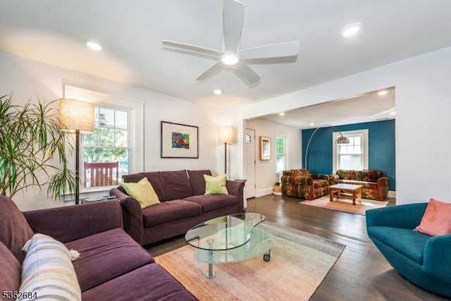 44 Lincoln Ave, Livingston Twp, NJ 07039 - living area with a ceiling fan, wood finished floors, recessed lighting, and baseboards