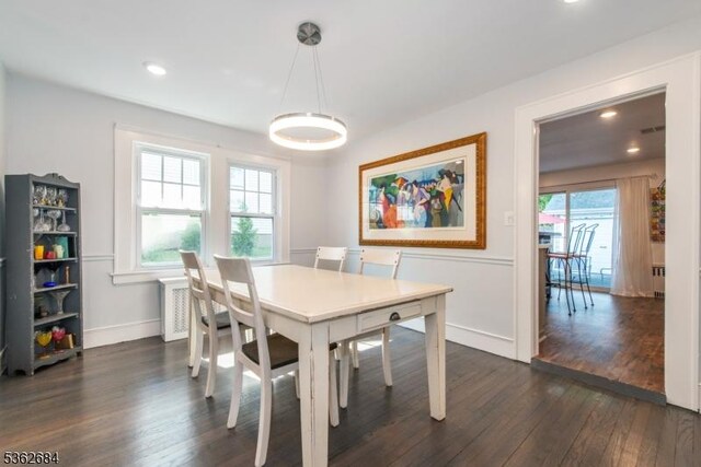 44 Lincoln Ave, Livingston Twp, NJ 07039 - dining room with dark wood finished floors, recessed lighting, radiator heating unit, and baseboards