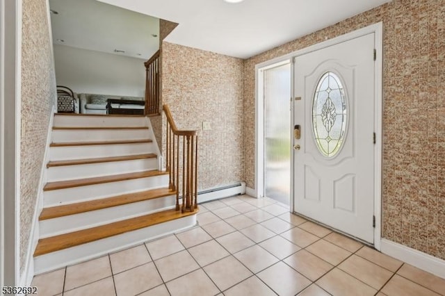 1589 Julian Ter, Union Twp, NJ 07083 - entrance foyer with wallpapered walls, a baseboard heating unit, stairway, and tile patterned floors
