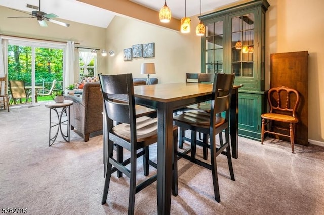 6 Pelican Pt, Hampton Twp, NJ 07860 - dining area with light colored carpet, lofted ceiling, and a ceiling fan