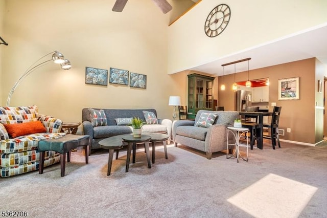 6 Pelican Pt, Hampton Twp, NJ 07860 - living area featuring carpet, a ceiling fan, high vaulted ceiling, and baseboards