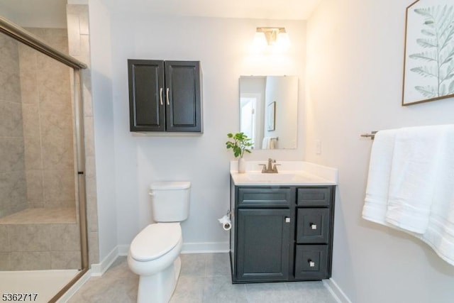 49 Coventry Rd, Hardyston Twp, NJ 07419 - bathroom featuring vanity, a stall shower, toilet, tile patterned floors, and baseboards
