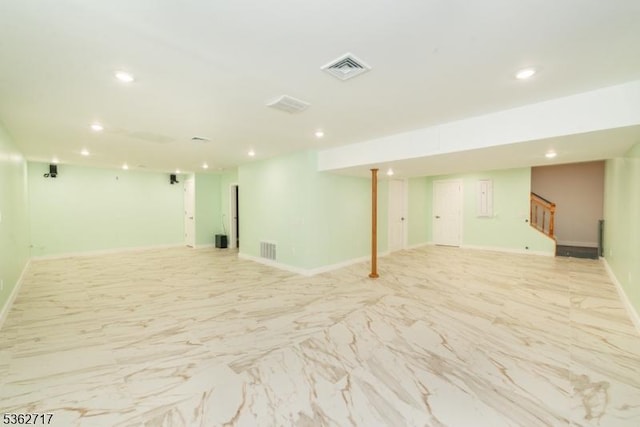 49 Coventry Rd, Hardyston Twp, NJ 07419 - finished below grade area featuring recessed lighting, stairway, baseboards, and light marble finish flooring