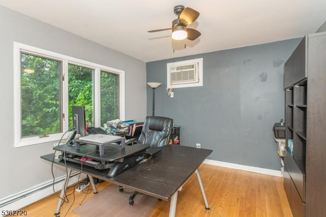 17 Barnida Dr, East Hanover Twp, NJ 07936 - home office featuring an AC wall unit, light wood-type flooring, ceiling fan, and baseboard heating