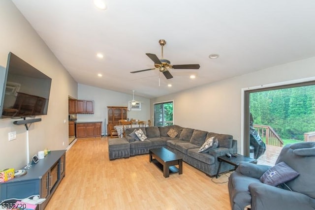 17 Barnida Dr, East Hanover Twp, NJ 07936 - living area with light wood-type flooring, ceiling fan, vaulted ceiling, and recessed lighting