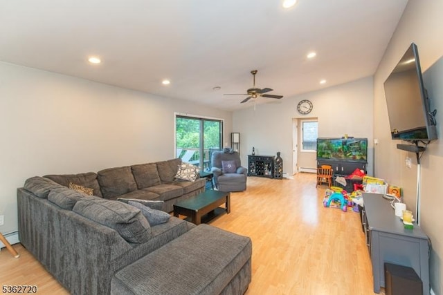 17 Barnida Dr, East Hanover Twp, NJ 07936 - living area with light wood finished floors, recessed lighting, a ceiling fan, and a baseboard heating unit