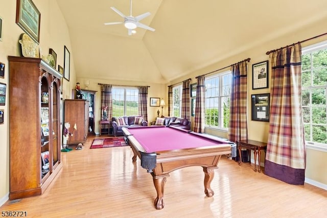 2 Skyview Dr, Sparta Twp, NJ 07871 - recreation room with plenty of natural light, light wood finished floors, pool table, high vaulted ceiling, and a ceiling fan