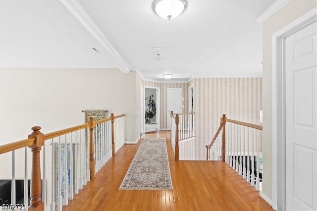2 Skyview Dr, Sparta Twp, NJ 07871 - hall featuring an upstairs landing, hardwood / wood-style floors, ornamental molding, and wallpapered walls
