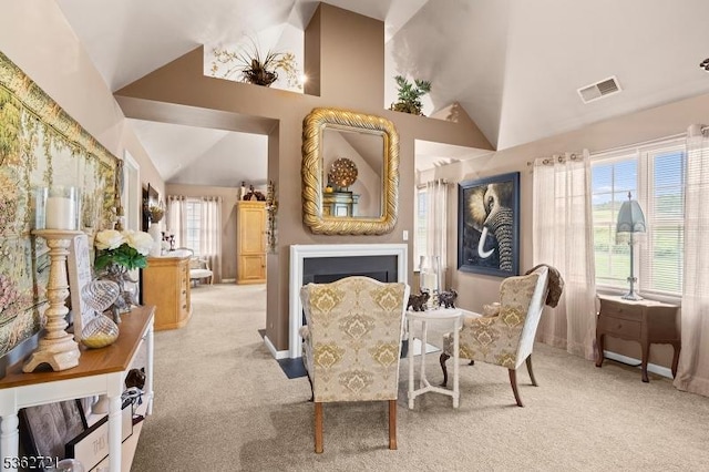 2 Skyview Dr, Sparta Twp, NJ 07871 - carpeted dining space with lofted ceiling, baseboards, and a fireplace