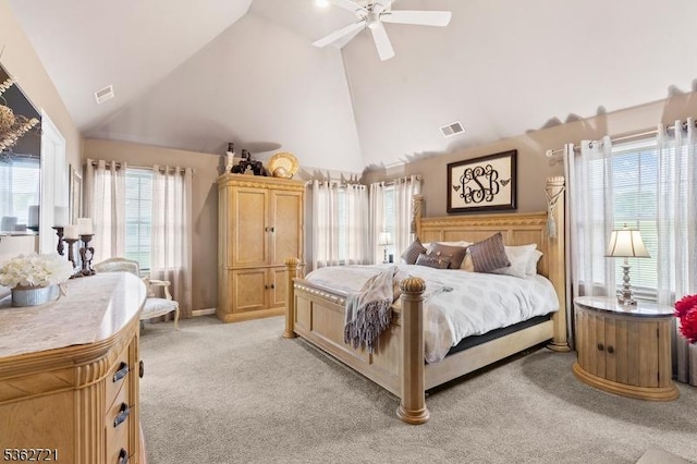 2 Skyview Dr, Sparta Twp, NJ 07871 - bedroom featuring light carpet, high vaulted ceiling, and a ceiling fan