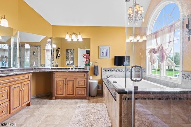 2 Skyview Dr, Sparta Twp, NJ 07871 - bathroom with a chandelier, vanity, a garden tub, lofted ceiling, and tile patterned floors