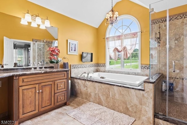 2 Skyview Dr, Sparta Twp, NJ 07871 - bathroom with vanity, a garden tub, plenty of natural light, lofted ceiling, and a shower stall