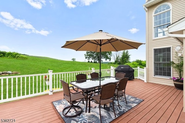 2 Skyview Dr, Sparta Twp, NJ 07871 - wooden deck featuring outdoor dining area, grilling area, and a yard