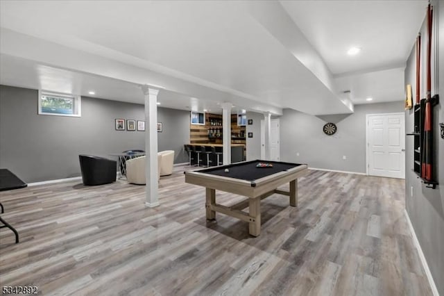 522 Stanhope Rd, Byram Twp, NJ 07871 - rec room featuring a bar, light wood-style flooring, billiards, and recessed lighting