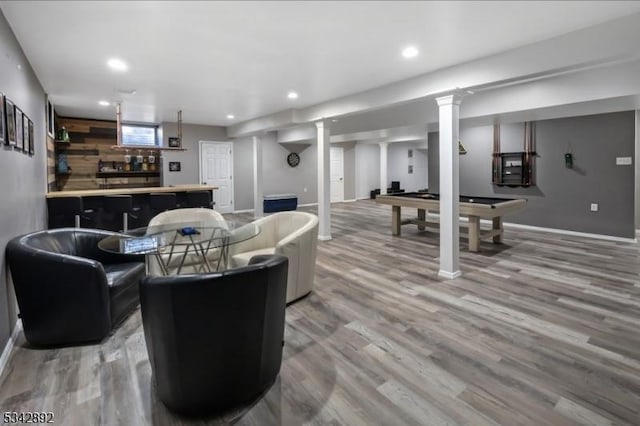 522 Stanhope Rd, Byram Twp, NJ 07871 - living room with bar area, wood finished floors, billiards table, and recessed lighting