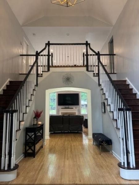 522 Stanhope Rd, Byram Twp, NJ 07871 - staircase with wood finished floors and a high ceiling