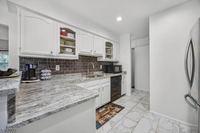 17 Willow Cir, Hamburg Boro, NJ 07419 - kitchen with black appliances, light marble finish floors, a sink, white cabinetry, and light stone counters