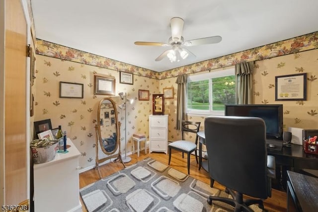 19 Paderewski Rd, Jefferson Twp, NJ 07438 - office space with wallpapered walls, wood finished floors, and a ceiling fan