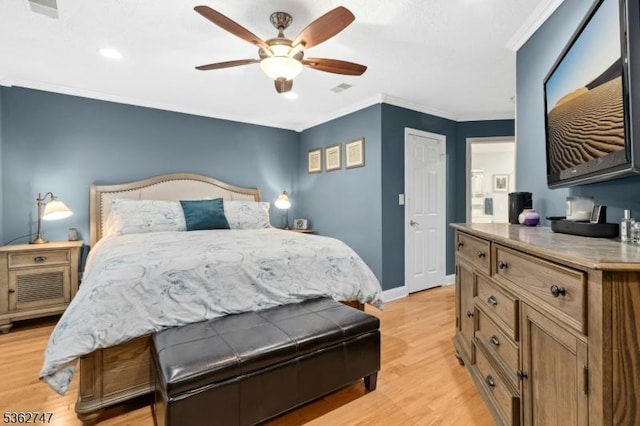 3607 Park Pl, Springfield Twp, NJ 07081 - bedroom featuring light wood finished floors, crown molding, recessed lighting, and ceiling fan