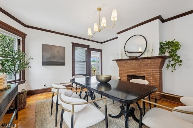 30 Hillcrest Ter, Verona Twp, NJ 07044 - dining area with plenty of natural light, a brick fireplace, and crown molding