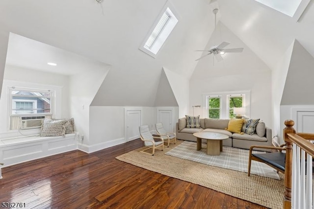 30 Hillcrest Ter, Verona Twp, NJ 07044 - living room with a skylight, wood finished floors, a ceiling fan, high vaulted ceiling, and cooling unit