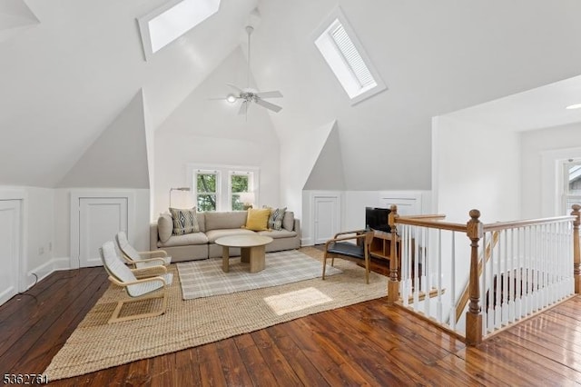 30 Hillcrest Ter, Verona Twp, NJ 07044 - sitting room with a skylight, an upstairs landing, wood-type flooring, a ceiling fan, and high vaulted ceiling