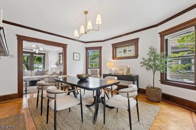 30 Hillcrest Ter, Verona Twp, NJ 07044 - dining room with a chandelier, healthy amount of natural light, ornamental molding, and cooling unit
