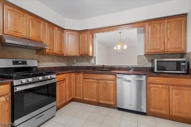 450 Saint Giles Ct, Franklin Twp, NJ 08873 - kitchen with stainless steel appliances, under cabinet range hood, a sink, and dark countertops