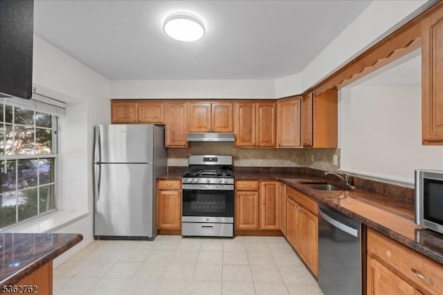 450 Saint Giles Ct, Franklin Twp, NJ 08873 - kitchen featuring stainless steel appliances, under cabinet range hood, a sink, and brown cabinets