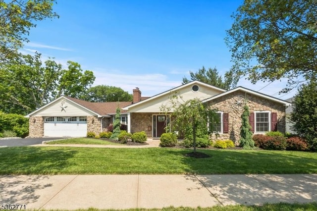 41 College Rd, Netcong Boro, NJ 07857 - ranch-style home with stone siding, a chimney, an attached garage, driveway, and a front yard