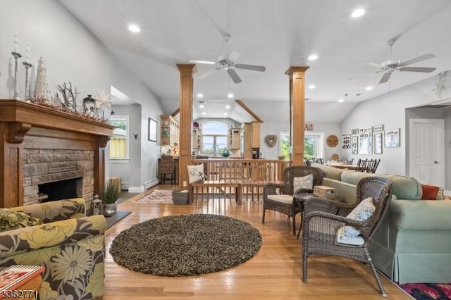 41 College Rd, Netcong Boro, NJ 07857 - living area with decorative columns, ceiling fan, wood finished floors, lofted ceiling, and recessed lighting