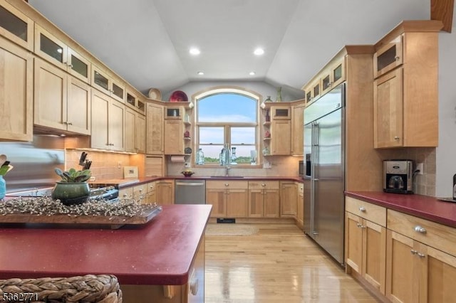 41 College Rd, Netcong Boro, NJ 07857 - kitchen with appliances with stainless steel finishes, vaulted ceiling, open shelves, light wood-style flooring, and tasteful backsplash
