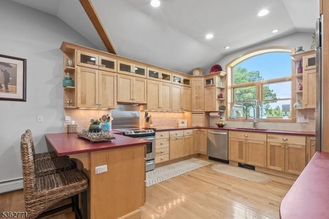 41 College Rd, Netcong Boro, NJ 07857 - kitchen featuring stainless steel appliances, open shelves, lofted ceiling, a sink, and light wood-type flooring