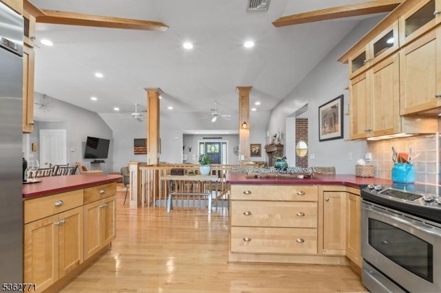 41 College Rd, Netcong Boro, NJ 07857 - kitchen with stainless steel appliances, ceiling fan, a peninsula, light brown cabinets, and recessed lighting