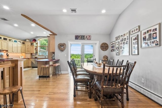 41 College Rd, Netcong Boro, NJ 07857 - dining room featuring lofted ceiling, a baseboard heating unit, light wood-style flooring, baseboards, and recessed lighting