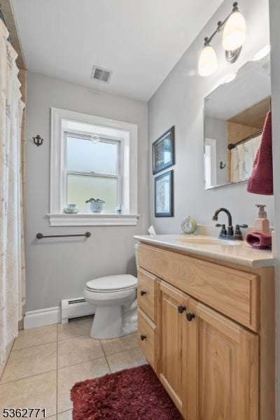 41 College Rd, Netcong Boro, NJ 07857 - bathroom featuring baseboard heating, vanity, tile patterned flooring, toilet, and baseboards