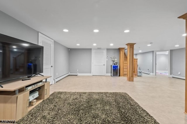 41 College Rd, Netcong Boro, NJ 07857 - finished below grade area with a baseboard heating unit, baseboard heating, recessed lighting, baseboards, and light tile patterned floors