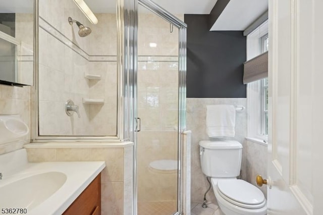 88 Pomeroy Rd, Madison Boro, NJ 07940 - bathroom with tile walls, vanity, a stall shower, and tile patterned floors
