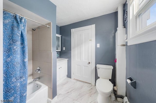 90 Thomas St, Bloomfield Twp, NJ 07003 - full bath featuring shower / bathtub combination with curtain, vanity, and marble look tile flooring