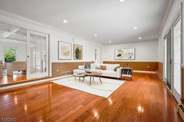 8 Debra Ct, Scotch Plains Twp, NJ 07076 - living room with a baseboard radiator, ornamental molding, recessed lighting, hardwood / wood-style flooring, and baseboards