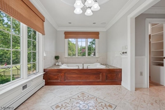 8 Debra Ct, Scotch Plains Twp, NJ 07076 - bathroom with baseboard heating, a bath, healthy amount of natural light, a chandelier, and ornamental molding