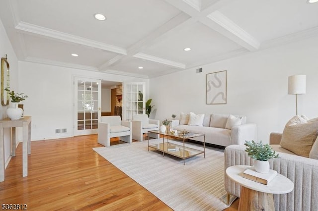 8 Debra Ct, Scotch Plains Twp, NJ 07076 - living area with light wood-style floors, coffered ceiling, beamed ceiling, recessed lighting, and ornamental molding