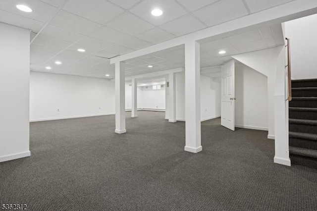8 Debra Ct, Scotch Plains Twp, NJ 07076 - finished below grade area featuring stairway, baseboards, recessed lighting, dark carpet, and a drop ceiling