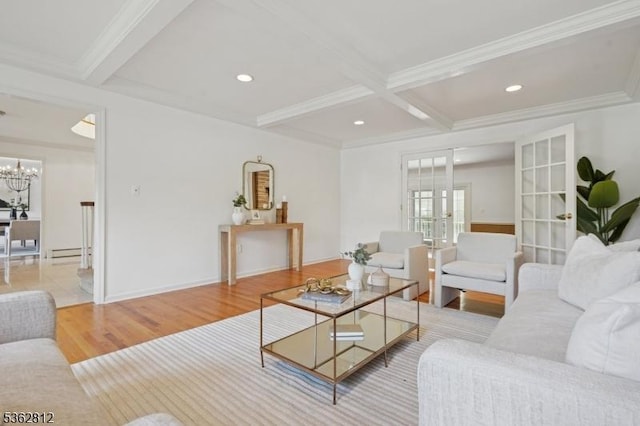 8 Debra Ct, Scotch Plains Twp, NJ 07076 - living room featuring beam ceiling, wood finished floors, coffered ceiling, ornamental molding, and a chandelier