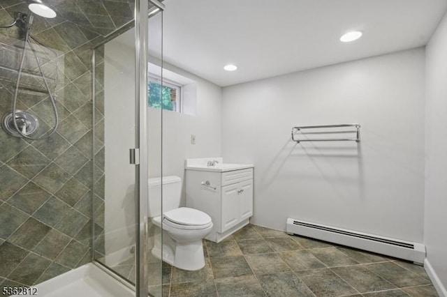 8 Debra Ct, Scotch Plains Twp, NJ 07076 - bathroom with baseboard heating, vanity, a stall shower, toilet, and recessed lighting