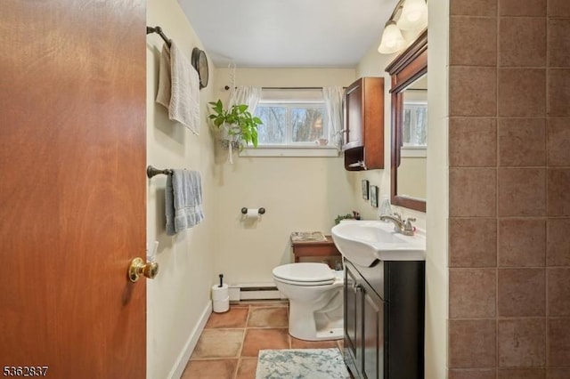 907 Meadowbrook Rd, Stillwater Twp, NJ 07860 - bathroom with vanity, toilet, baseboards, a baseboard heating unit, and tile patterned flooring